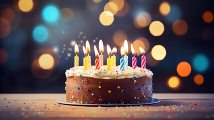 Colorful candle 11 year old birthday chocolate cake with candles bokeh blur dark background, birthday cake with candles