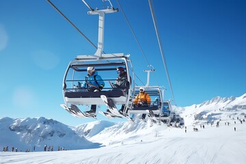 Fototapeta premium Generative AI : Ski lift carrying skiers up to the clear blue sky