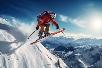 Generative AI : Happy skier dressed in bright sportswear riding down the mountain slope