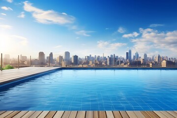 Fototapeta na wymiar Generative AI : Swimming pool on top of roof deck building.