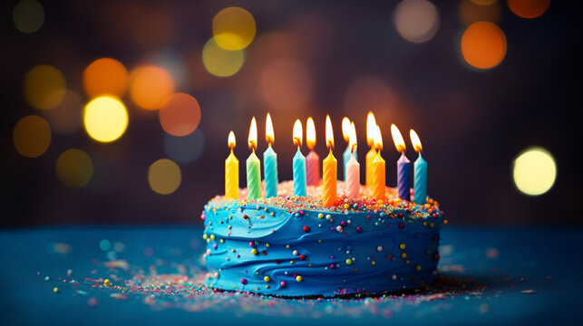 Colorful candle for 12 year old birthday blueberry cream cake with candles dark bokeh light  blur background