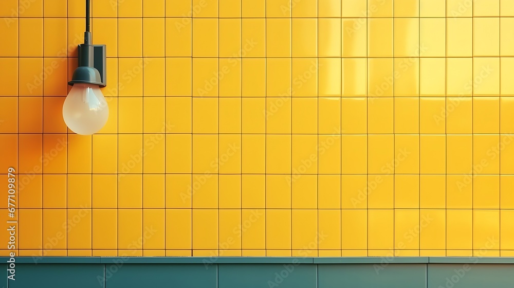 Poster Generative AI : Glass Window with Wall Lamp on Yellow aluminum composite tile Building wall in Modern style, Colorful Geometric Pattern Background