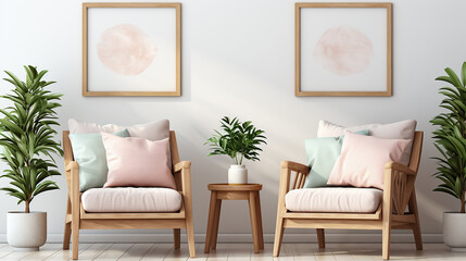 Two armchairs in room with white wall and big frame poster on it. Scandinavian style interior design of modern living room. Pastel colors.