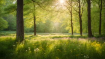 Soft focus on a woodland clearing with green trees, wildflowers, and sunbeams, capturing the essence of a sunny spring day.