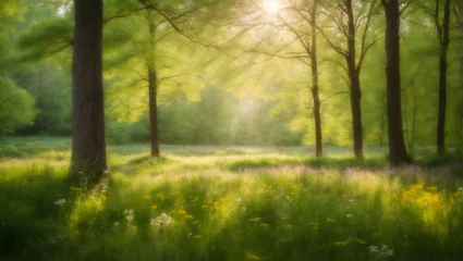 Poster Im Rahmen Soft focus on a woodland clearing with green trees, wildflowers, and sunbeams, capturing the essence of a sunny spring day. © xKas