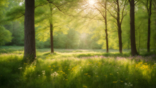 Soft focus on a woodland clearing with green trees, wildflowers, and sunbeams, capturing the essence of a sunny spring day.