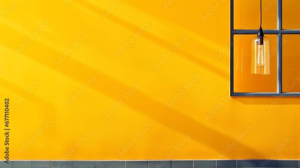 Poster Generative AI : Glass Window with Wall Lamp on Yellow aluminum composite tile Building wall in Modern style, Colorful Geometric Pattern Background