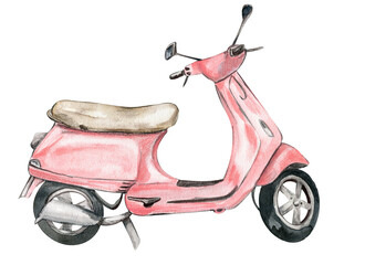 Watercolor retro scooter pink. Hand drawn illustration. Design for baby shower party, birthday, cake, holiday celebration design, posters, greetings card, invitation.