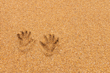 Prints of women's hands on golden sea sand. Sea holiday concept