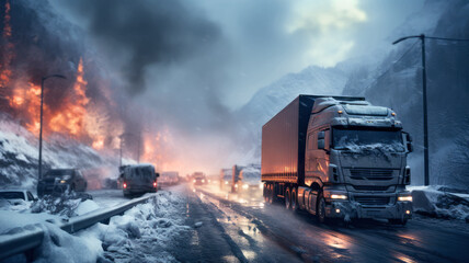 Winter truck and car drives on a road through cloudy landscapes in a snowstorm