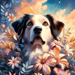 flowers and dog