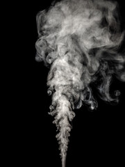 Thick white smoke isolated on a black background, rising tubers upwards as an abstract effect
