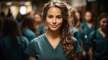 Confident young medical student woman with attractive brown hair in casual fashion portrait