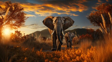 African elephant family in front of the stunning savanna sky at sunset - Powered by Adobe