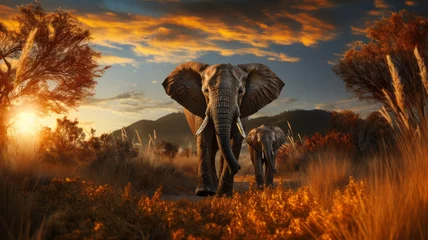 Fototapete Rund African elephant family in front of the stunning savanna sky at sunset © senadesign