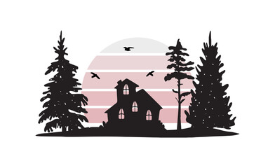 house in the forest vector silhouette. pink sunset and forest vector silhouette