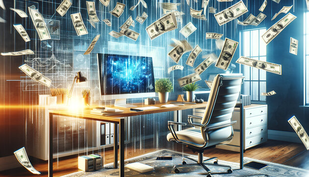 A high-quality image of a dynamic office environment where cash is pouring down like rain over a modern workspace with a desk, computer, and office