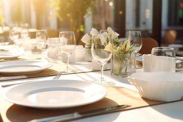 Fototapeta premium Table set for a banquet with dishes in a restaurant