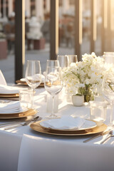 A table set for a banquet for a celebration in a sunny restaurant
