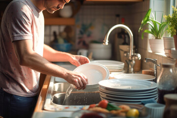 A man washes a mountain of dirty dishes in the kitchen sink