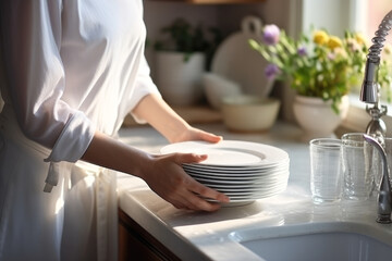 Woman holding a stack of freshly washed white dishes on the table in the kitchen