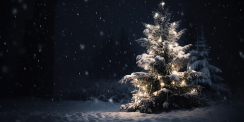 Christmas tree in the snow at night with Christmas lights. Christmas and new Year Background, copy space