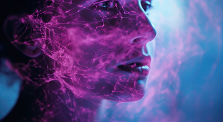 woman's face in electric pink smoke. concept of addiction, dissociation, mental illness and confusion