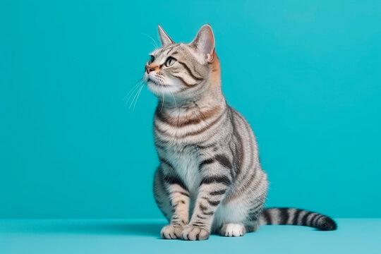 Studio photography of an American shorthair cat on colored backgrounds in pastel colors