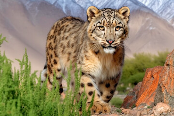 Leopard walking in the mountains