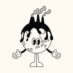 Retro earth ecology. Cartoon sticker mascot character air pollution Earth planet, save planet, global warming hippy vintage comic vector set. Earth day, protection environment isolated on background