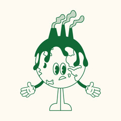 Retro earth ecology. Cartoon sticker mascot character air pollution Earth planet, save planet, global warming hippy vintage comic vector set. Earth day, protection environment isolated on background