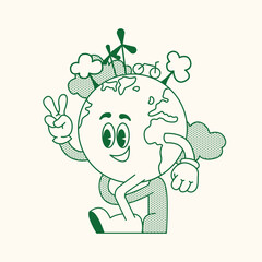 Retro earth ecology. Cartoon sticker mascot character walking Earth planet, save planet, global warming hippy vintage comic vector set. Earth day, protection environment isolated on background