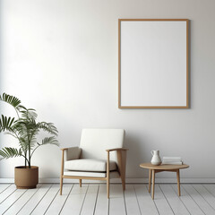 White vertical poster template on wall, empty space, frame, art, mockup