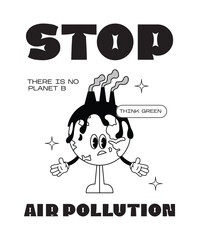 Retro poster protect earth ecology. Mascot character air pollution Earth planet, save planet, global warming hippy vintage comic vector set. Earth day, protection environment isolated on background