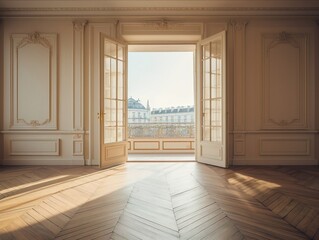 Wide empty room with balcony doors opened, wooden floor, white luxury wall, classic interior home design, sunny day, generative AI.