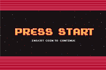 PRESS START INSERT A COIN TO CONTINUE .pixel art .8 bit game.retro game. for game assets in vector illustrations.	
