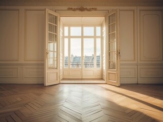 Wide empty room with balcony doors opened, wooden floor, white classic vintage wall, sunny day.