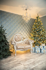 christmas tree and decorations armchair  interior room house celebration  New Year's desktop...