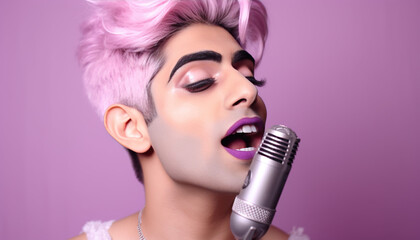 young queer man wearing makeup and singing with a microphone - obrazy, fototapety, plakaty