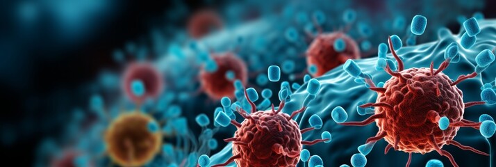 Close up of flu covid 19 virus cell on background of coronavirus and influenza outbreak - obrazy, fototapety, plakaty
