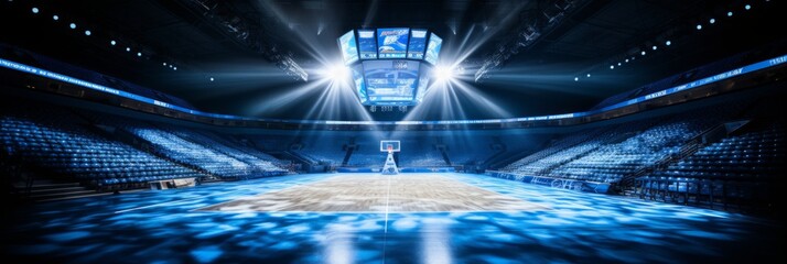 Title serene professional basketball court bathed in dramatic lighting, surrounded by emptiness