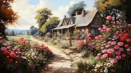 Beautiful house with flowering plants and sky background. Watercolor painting.