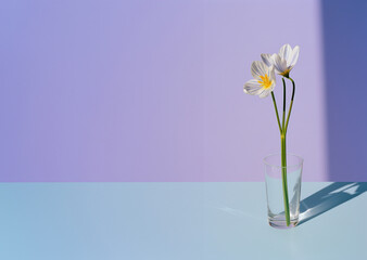 banner with isolated crocus flowers in a transparent glass vase, copy space