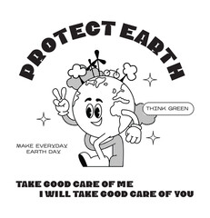 Retro poster protect Earth Day ecology. Mascot character walking Earth planet, save planet, global warming hippy vintage comic vector set. Earth day, protection environment isolated on background