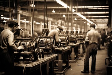 A black and white photo with sepia tones captures a 1920s industrial assembly line, showing a diverse group of men and women focused on their tasks amidst vintage machinery, evoking an era of early 