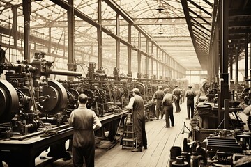 A black and white photo with sepia tones captures a 1920s industrial assembly line, showing a diverse group of men and women focused on their tasks amidst vintage machinery, evoking an era of early  - obrazy, fototapety, plakaty