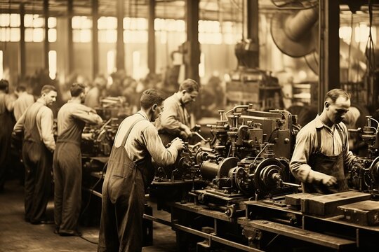 A black and white photo with sepia tones captures a 1920s industrial assembly line, showing a diverse group of men and women focused on their tasks amidst vintage machinery, evoking an era of early 