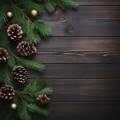 Overhead view of a rustic wooden table, adorned with fir branches and conifer cones, perfectly set for Christmas and space for text.