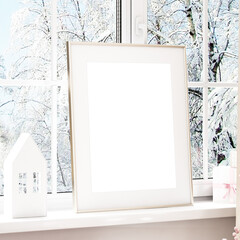 Mockup poster in Christmas living room white-pink colors