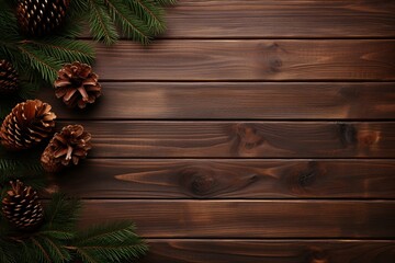  Overhead view of a rustic wooden table, adorned with fir branches and conifer cones, perfectly set for Christmas and space for text.